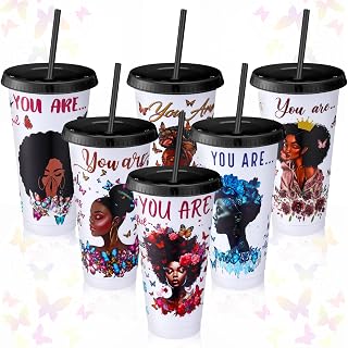 Domensi 6 Pcs Black History Month Gifts 24 oz Valentine Afro Woman Inspirational Reusable Tumbler with Straw Lid Black History Month Favors African American Women Gifts Afro Valentines Party Supplies
