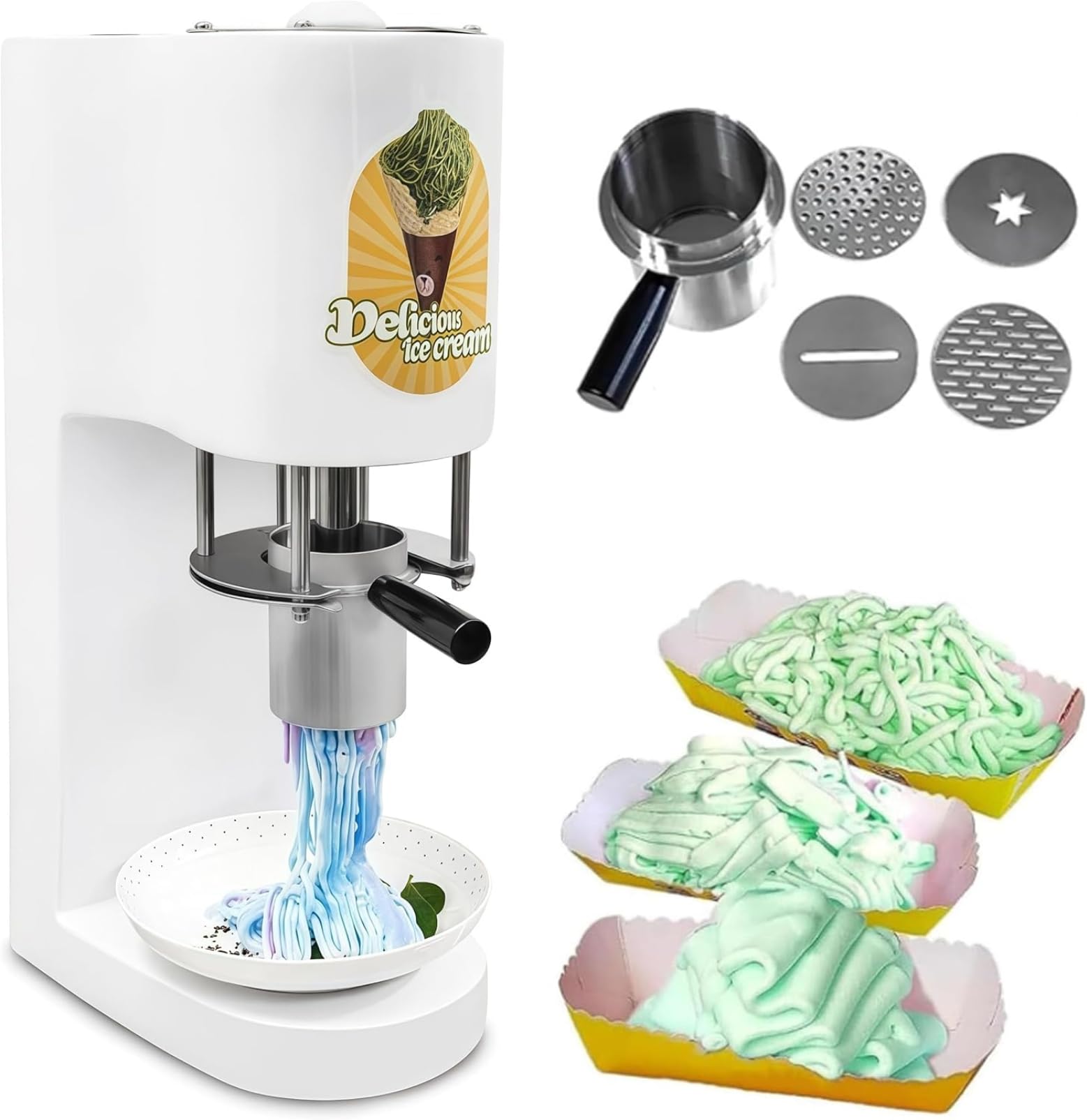 Machine de glace à spaghetti commerciale avec 4 moules de forme, fabricant de nouilles à crème glacée 80w, 28-30L / H Spaghetti-Eismaschine, pour les magasins de dessert & Utilisation à domicile