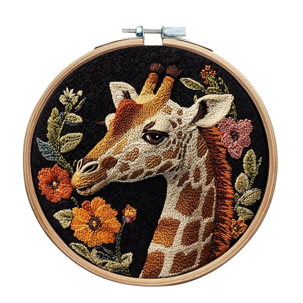 Meecaa Giraffe Animal Flower Embroidery Kit Starter Set, Hand Embroidery Set,Pattern Printed Cross Stitch Set for Beginner Adults, with Embroidery Hoop and Instructions (Giraffe)