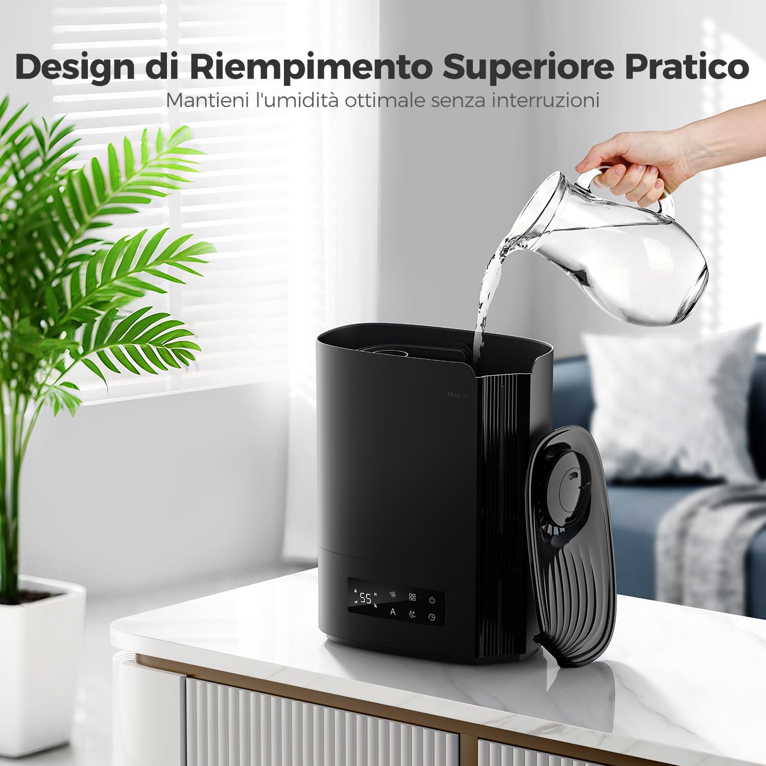 AROEVE Umidificatore Ambiente 6L, Diffusore di Oli Essenziali, Umidificatore a Ultrasuoni Top Fill per Bambini, Piante, Fino a 60 Ore di Autonomia, Controllo Umidità Intelligente, Silenzioso, Nero