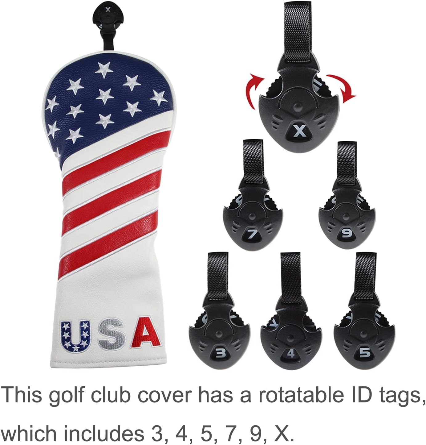 Golf Head Covers, for Fairway Woods Driver Hybrid 1 3 5 UT GLOOF Golf Club Head Covers USA Stars and Stripes with Interchangeable ID Tags Leather 3 Wood Driver Headcovers - Image 3