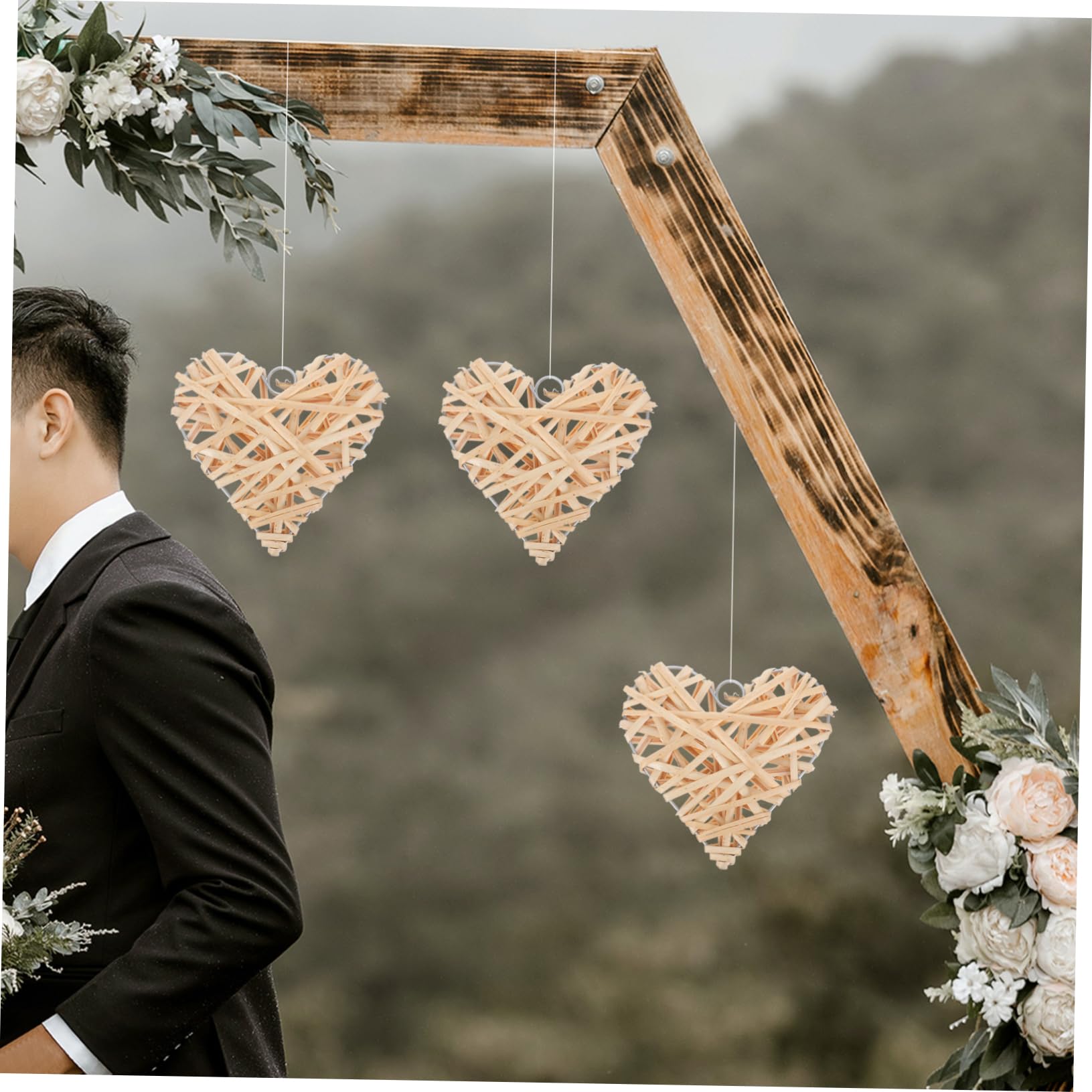 Set Di 3 Pendenti Decorativi A Cuore In Rattan Naturale, Per Matrimoni, Feste, Decorazioni Romantiche, Misure 5/10/15/20 Cm - 3