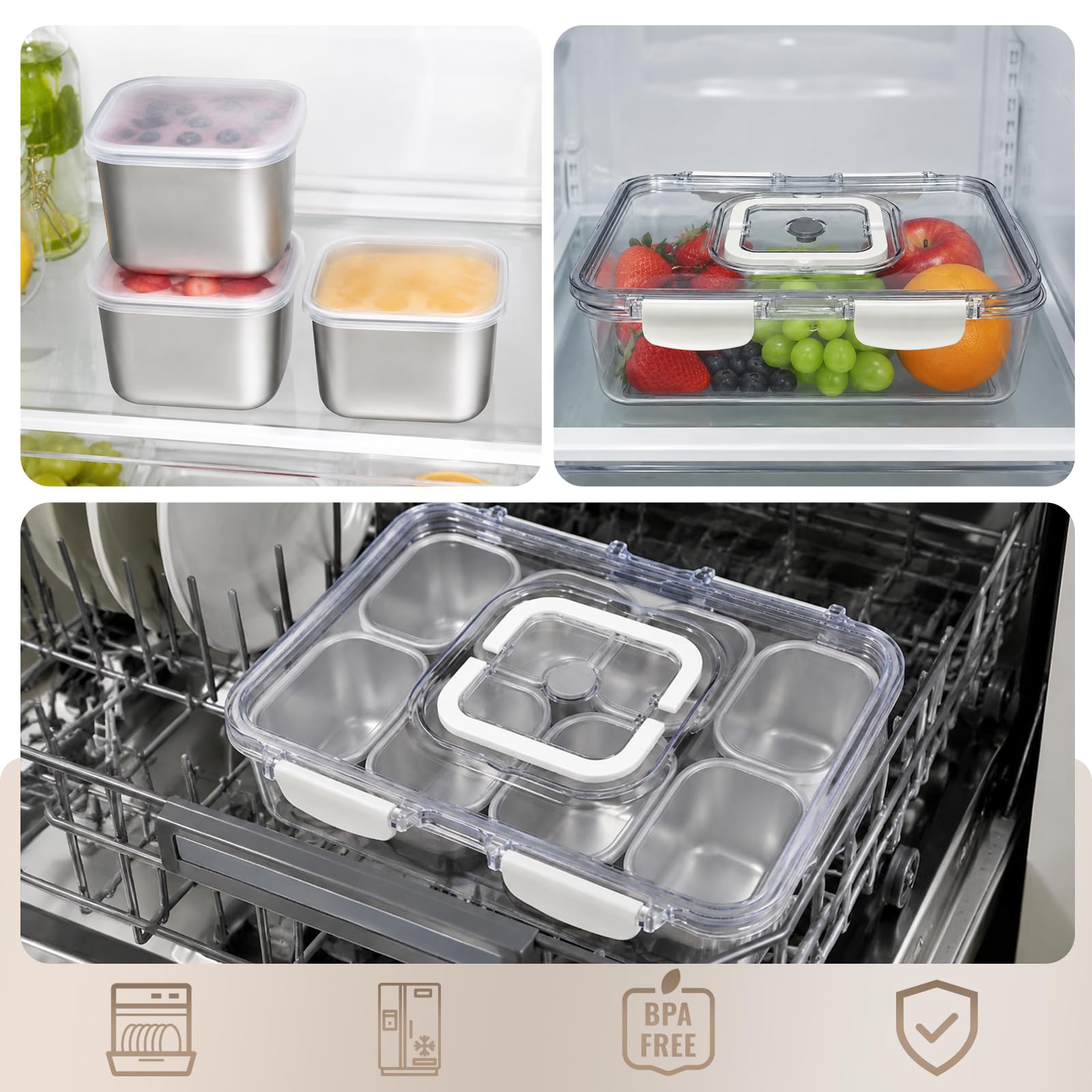 Lot de Snack Box avec 8 Pcs Boites Inox 300 ml | Boite Conservation Alimentaire de 4500ml avec Couvercle et Poignée, Senza BPA, Boîtes Alimentaires pour Meal Prep