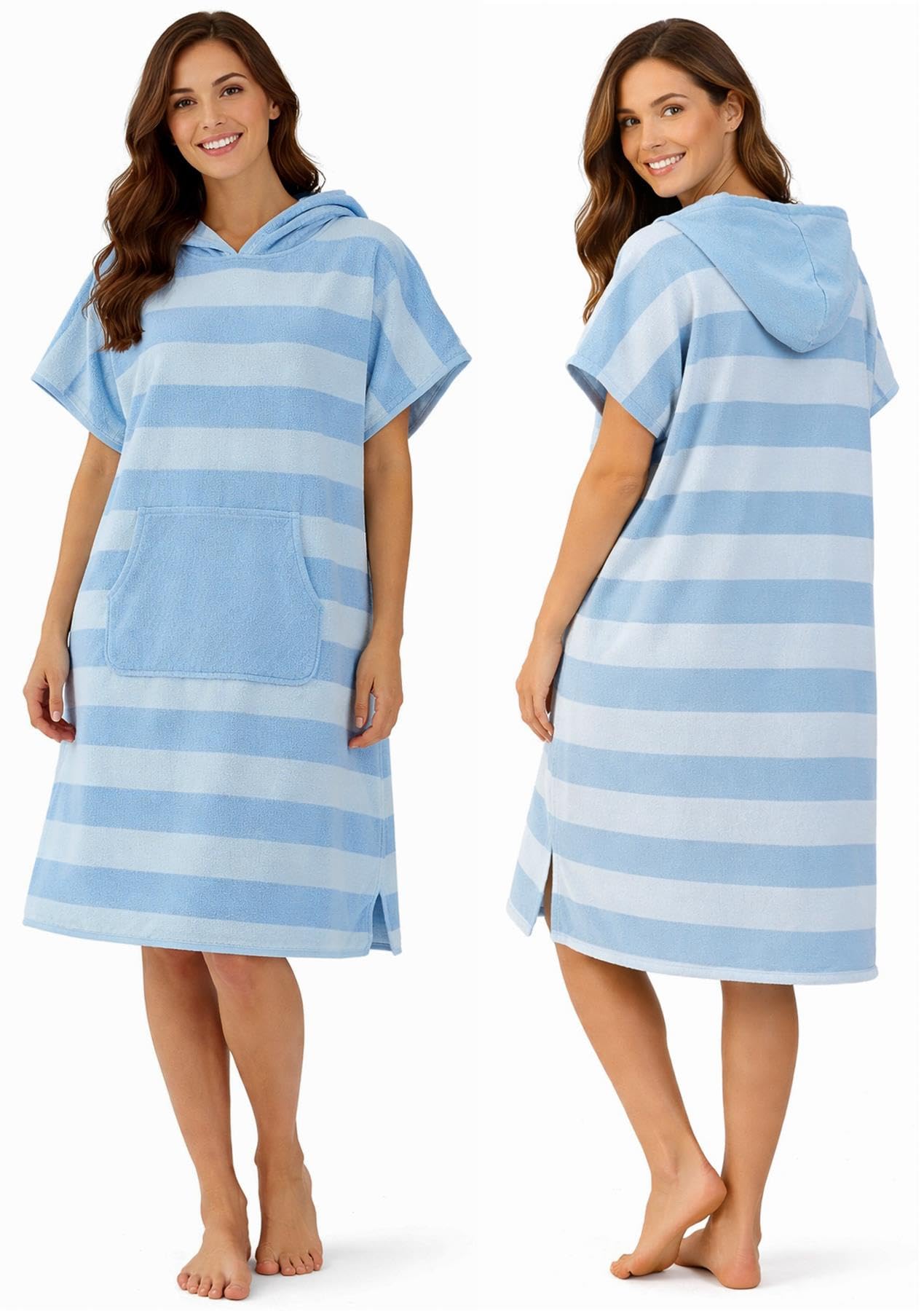 Microfibre Changing Robe Poncho - Quick Dry Hooded Surf Poncho Towel - Lightweight Beach & Swimming Changing Robe for Adult, S-M, Blue Stripe