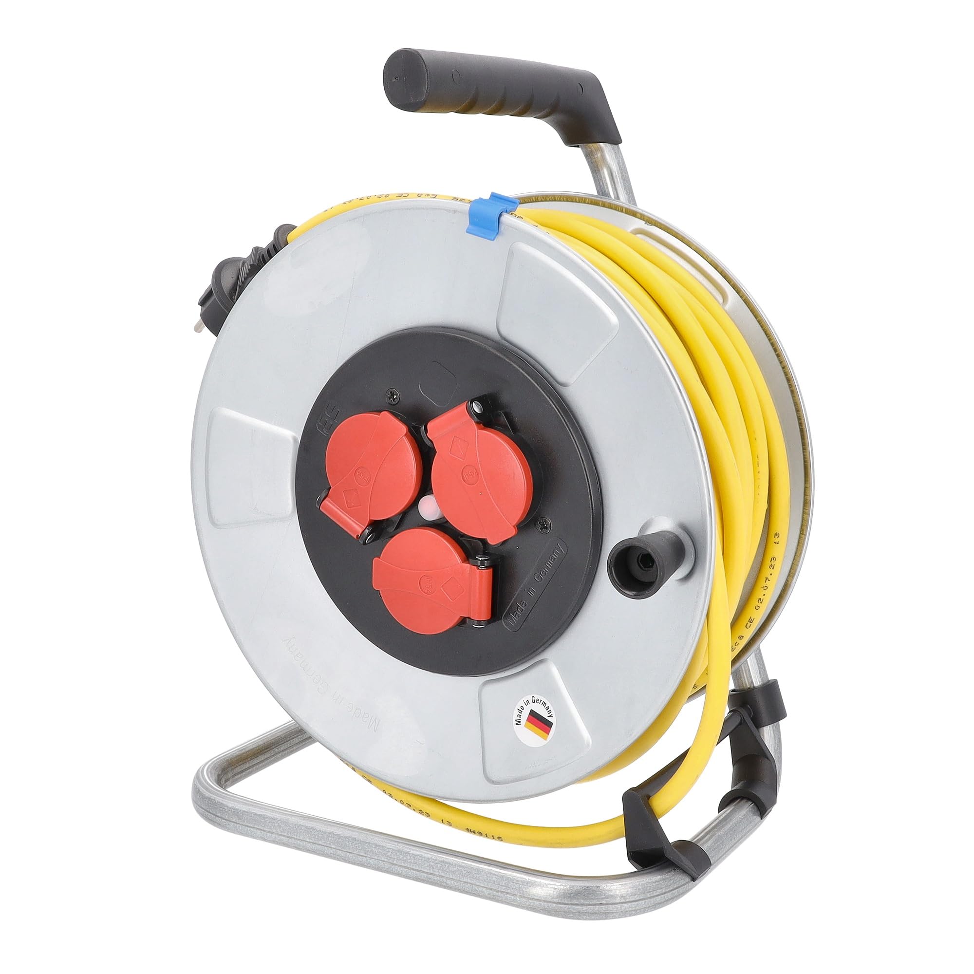 as - Schwabe enrollacables 25 m AT-N07V3V3-F 3G1,5, IP44 exterior, 3 tomas de corriente con toma de tierra, Interruptor térmico, tambor de acero, Made in Germany