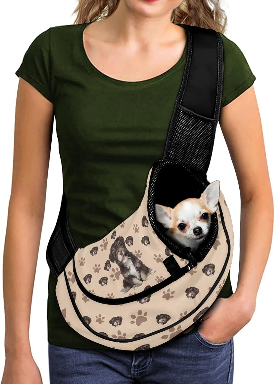 FUSURIRE Black Puppy Paws Print Pet Carrier Sling with Adjustable Strap and Zipper Open, Cute Small Dogs Cats Travel Carrier Bag for Women Men Black White Hand Free Pet Front Sling Pack