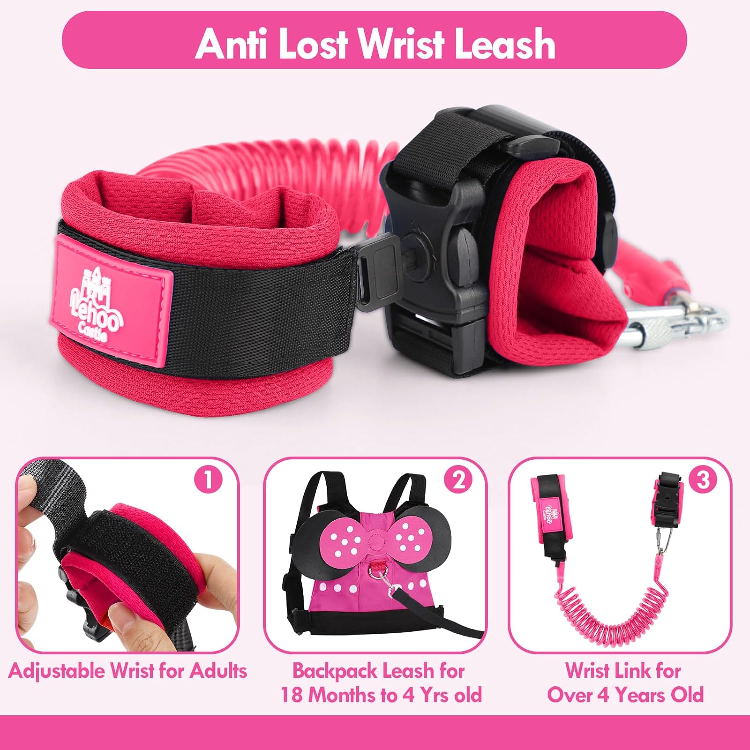 Lehoo Castle Toddlers Leash for Walking + Key Lock Design Anti Lost Wrist Link, 3 in 1 Baby Leash Kids Wrist Link for Toddlers Girls＆Boys, Safety Harness Belt Strap Wristband
