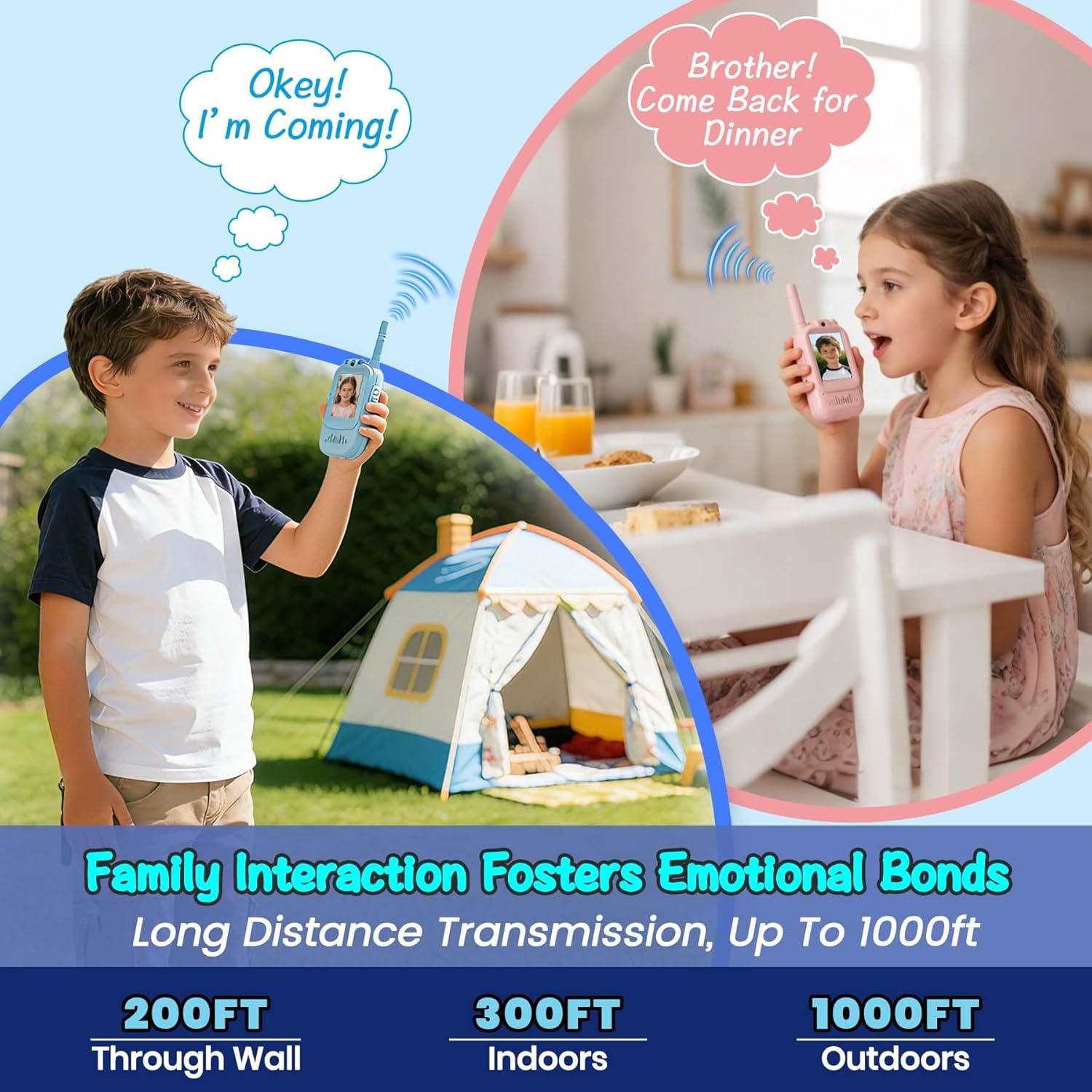 2026 Video Walkie Talkies for Kids, 2 pcs Pack,HD Camra,Rechargeable,Long-Range 1000FT,Real-time Video,Voice-Changing Feature,Easy to Operate, for Indoor&Outdoor,for Ages 3+ (Blue&Pink)