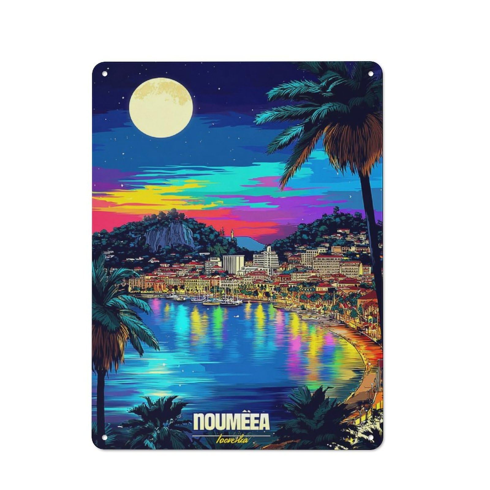 Junmoney Colorful Nouméa Night Skyline Metal Plaque With Design 40X30cm, Cosy Diner Style Decor For Coffee Bar, Kitchen, Bistro Or Tea Corner