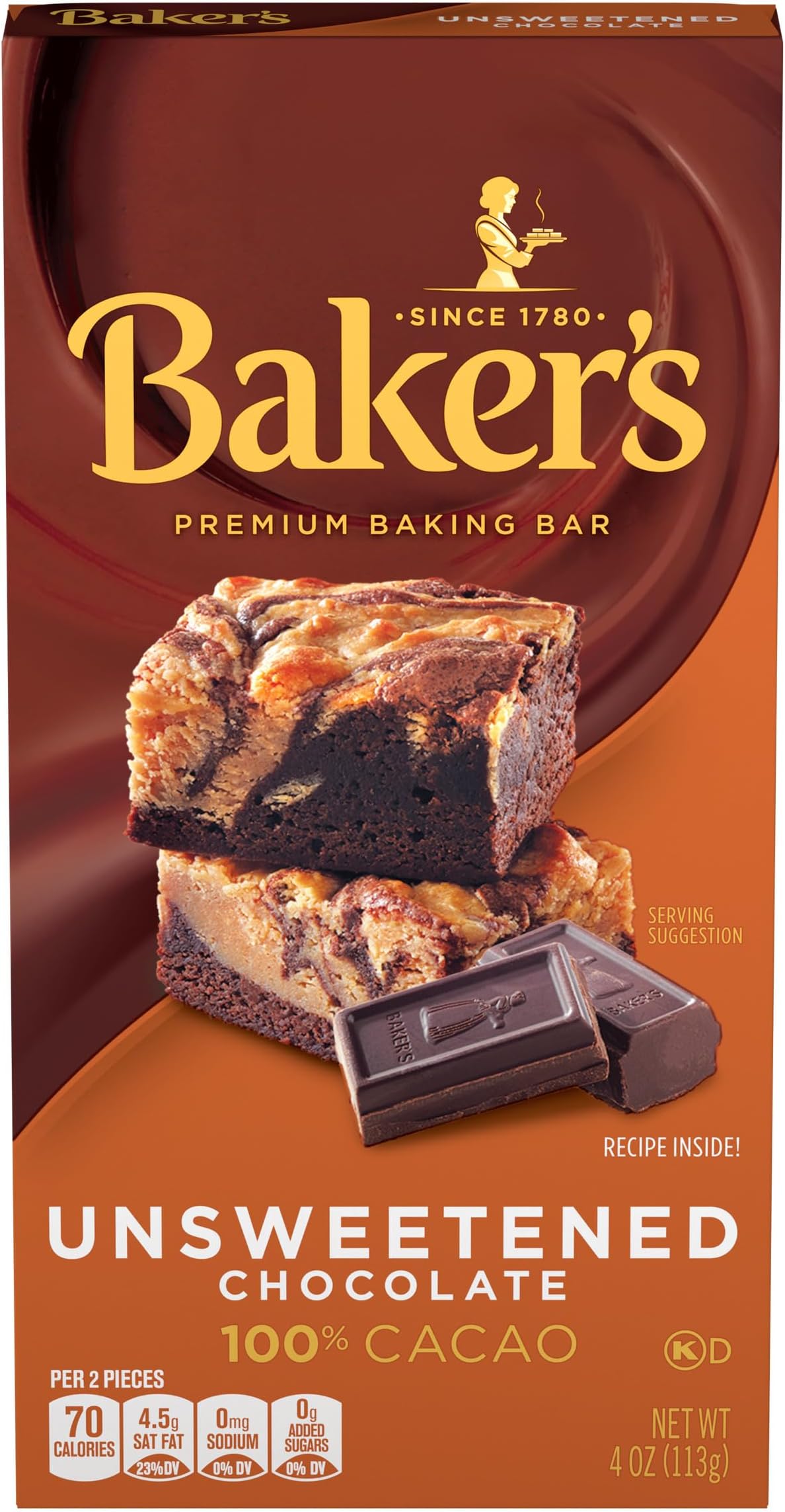 Baker's Unsweetened Chocolate Premium Baking Bar with 100 % Cacao (4 oz Box)