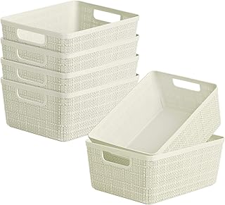 Dveda Lot de 6 paniers de rangement en plastique épais pour salle de bain, cuisine, bureau – 235 mm x 185 mm x 103 mm Beige