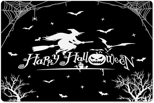 Miniatura 7 de HVEST Cortina de ducha de Halloween y alfombras de baño, escoba de bruja, murciélago, telaraña y árbol muerto sobre tapete de baño, cortina de ducha