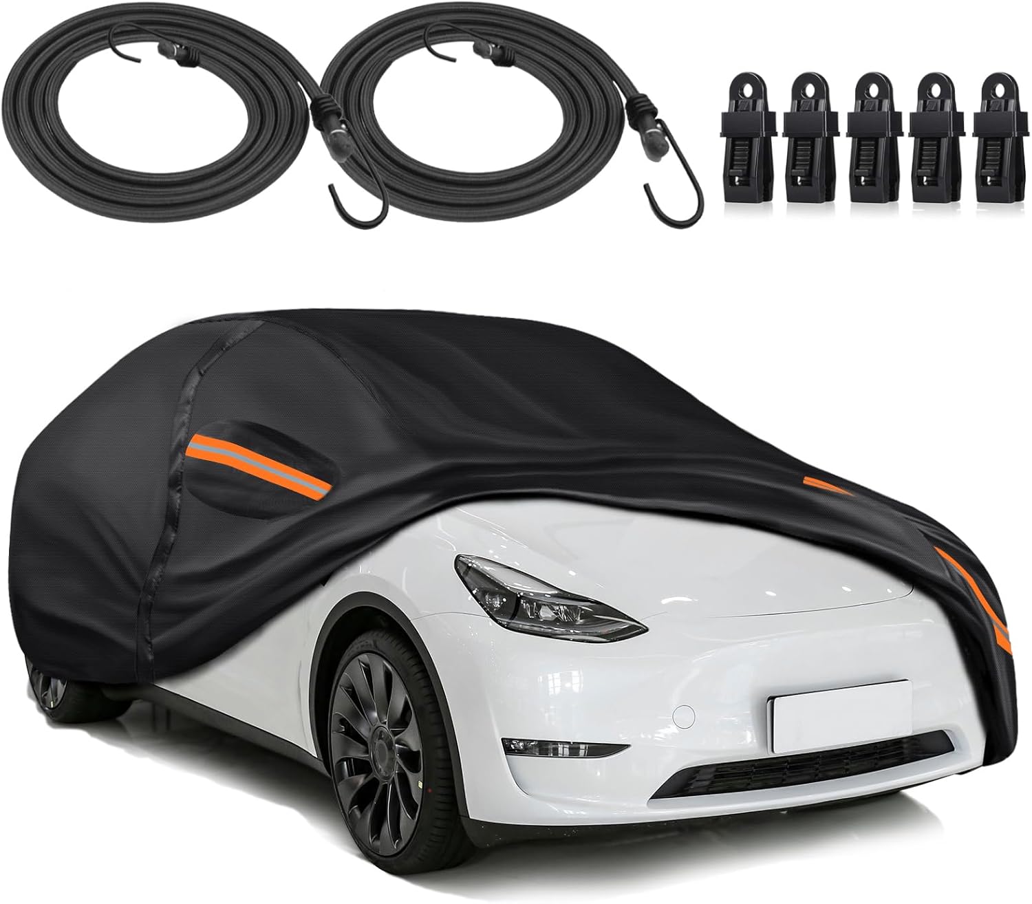 KEYOOG Full Car Cover Waterproof UV & Impact Resistant, Fit for Tesla Model Y 2020-2024, 600D Oxford Cloth Heavy Duty Outdoor Car Covers, All-Weather Carcover with Door Zipper/Cotton Lining, Black