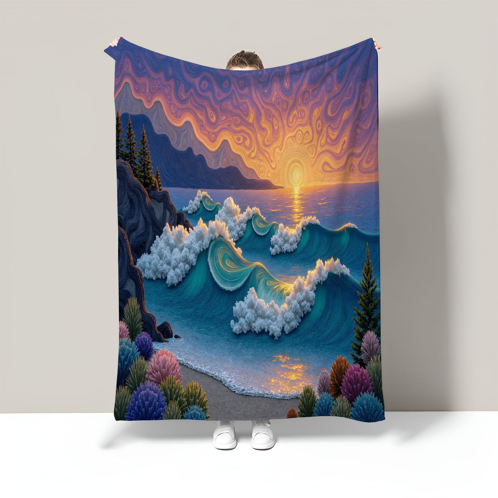 Plaid en flanelle haut de gamme 220x240 au design magnifique coucher de soleil sur vagues