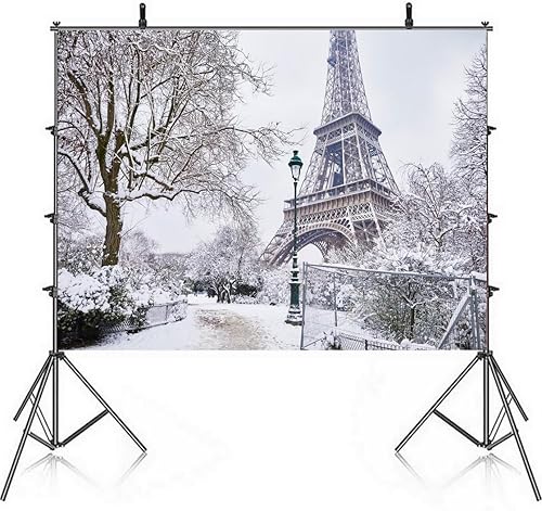 Miniatura 4 de Fondo de invierno de 7 x 5 pies con temática de París, parque de árboles de Francia, torre Eiffel, horizonte, fondo de fiesta de paisaje de copo de