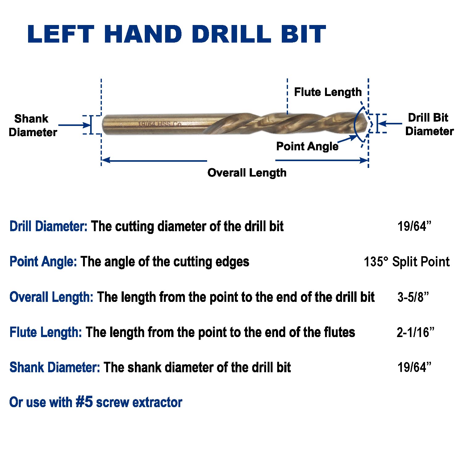 7-Piece M35 Cobalt Left Hand Drill Bit Set for Removing Damaged Bolts and Screws, 5/64-Inch, 7/64-Inch, 5/32-Inch, 1/4-Inch, 19/64-Inch