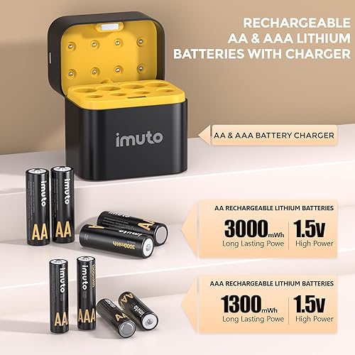 Miniatura 2 de imuto 4 pilas AAA y 4 AA recargables de litio con cargador, paquete de 8 baterías de 1.5 V triple A doble A recargable, batería de litio de larga