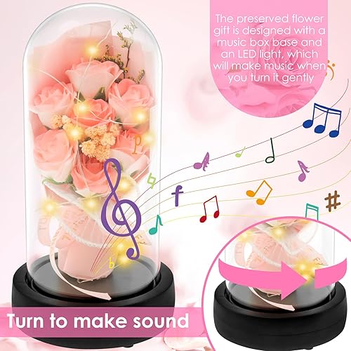 Miniatura 5 de Flores preservadas en cúpula de cristal con luz LED, ramo de flores preservadas con caja de música, flores preservadas, regalos de rosas para ella,