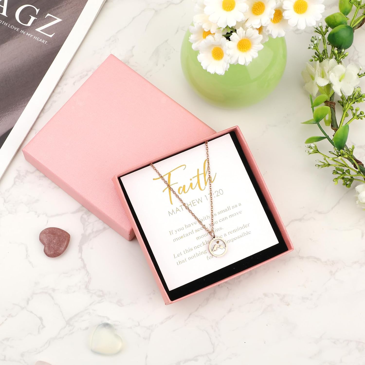 Faith Mountains Necklace, Stainless Steel Mustard Seed Necklace with Inspirational Card, Rose Gold, 45cm, Christian Women's Jewelry Gift - Image 4