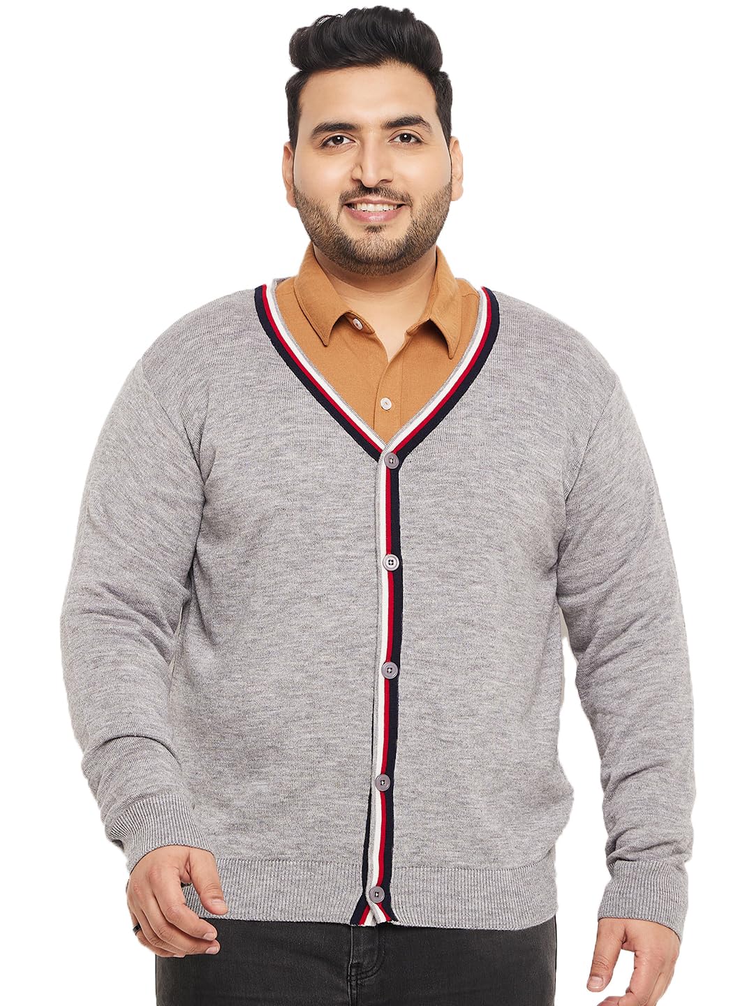 club york Plus Size V-Neck Long Sleeves Acrylic Cardigan Sweater_CYC1178XL_4XL Grey-picture-12