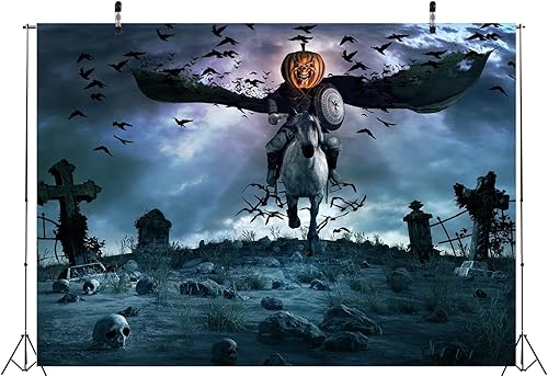 Miniatura 4 de Telón de fondo de tela de Halloween de 5 x 3 pies, cementerio espeluznante, caballero espeluznante con cabeza de calabaza, calavera y murciélagos,