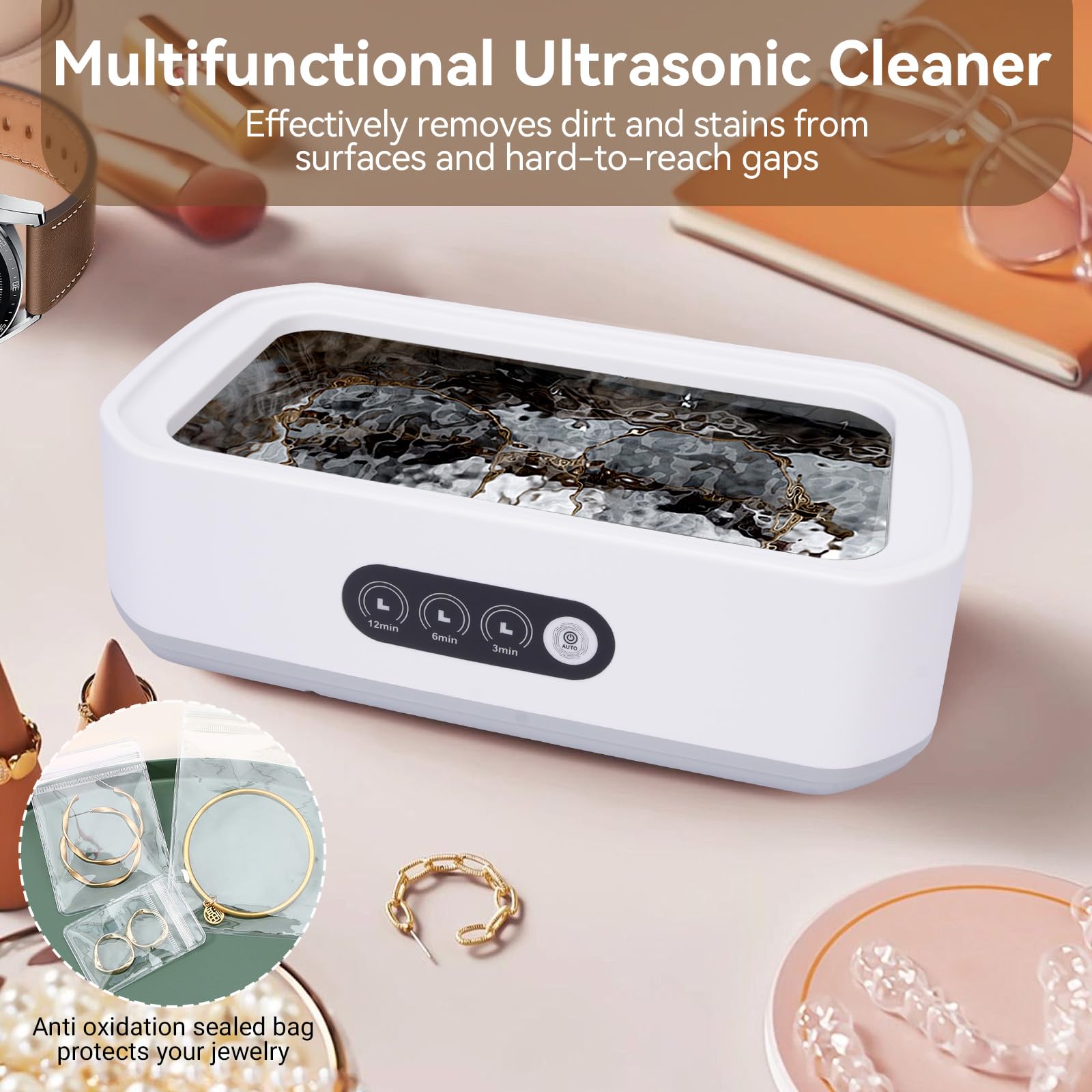 Pulitore Ultrasuoni 49000HZ,Pulitore ad Ultrasuoni con 3 modalità di Tempo,650 ml,Ultrasonic Cleaner per Protesi,Bite,Allineatori,Ferule Dentali e Gioielli