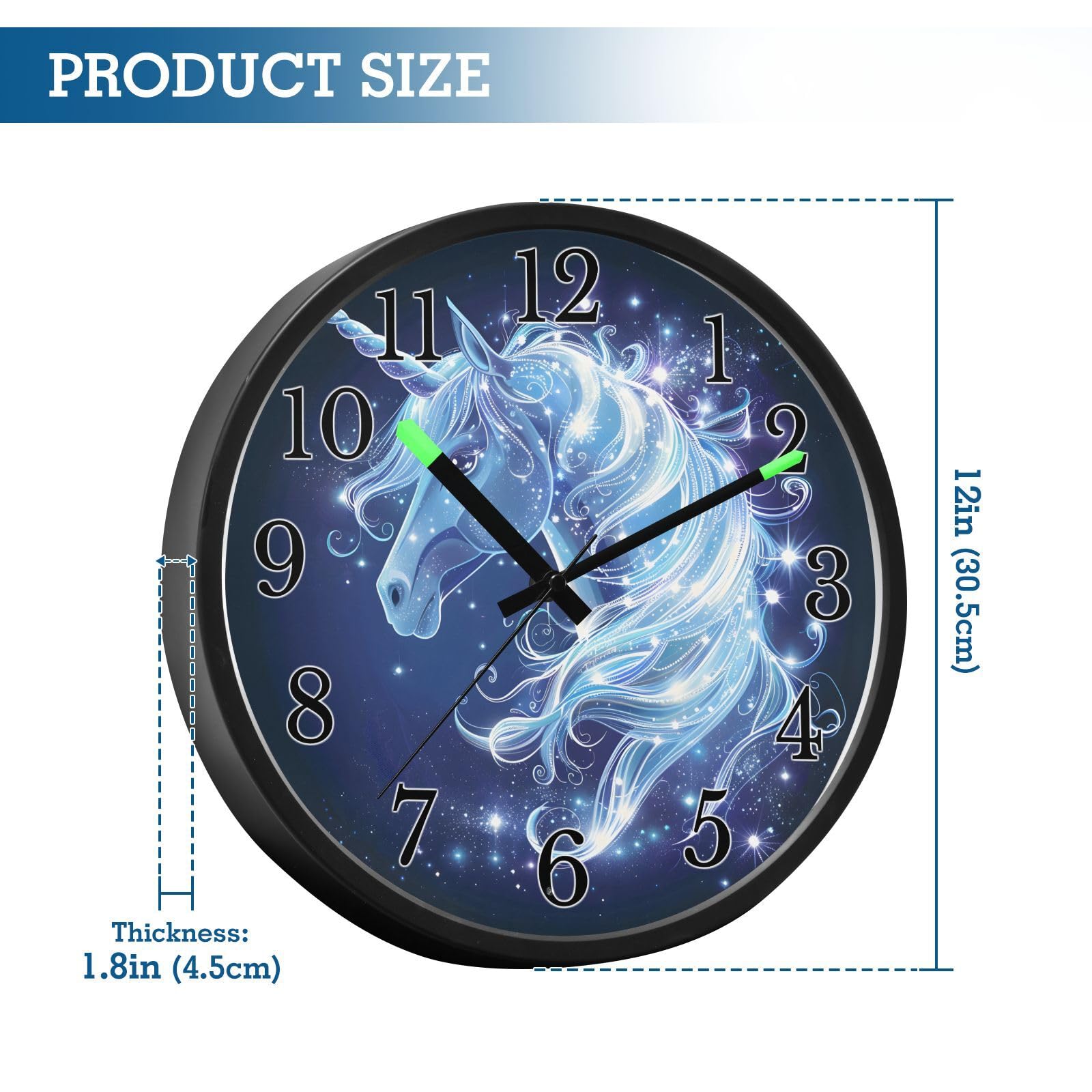 Mnsruu Reloj de pared luminoso con diseño de unicornio y galaxia blanca, funciona con pilas, silencioso, brilla en la oscuridad, para sala de estar, cocina, 12 pulgadas
