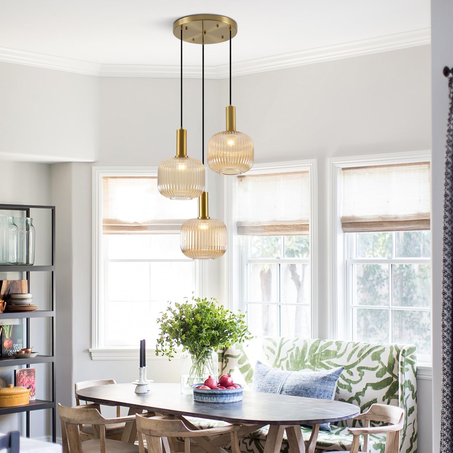 KCO Lighting Vintage Glass Cluster Pendant Lights Ribbed Amber Glass Chandelier 3 Light Globe Pendant Lighting Gold Cluster Pendant Lamps Staircase Pendant Light Fixtures