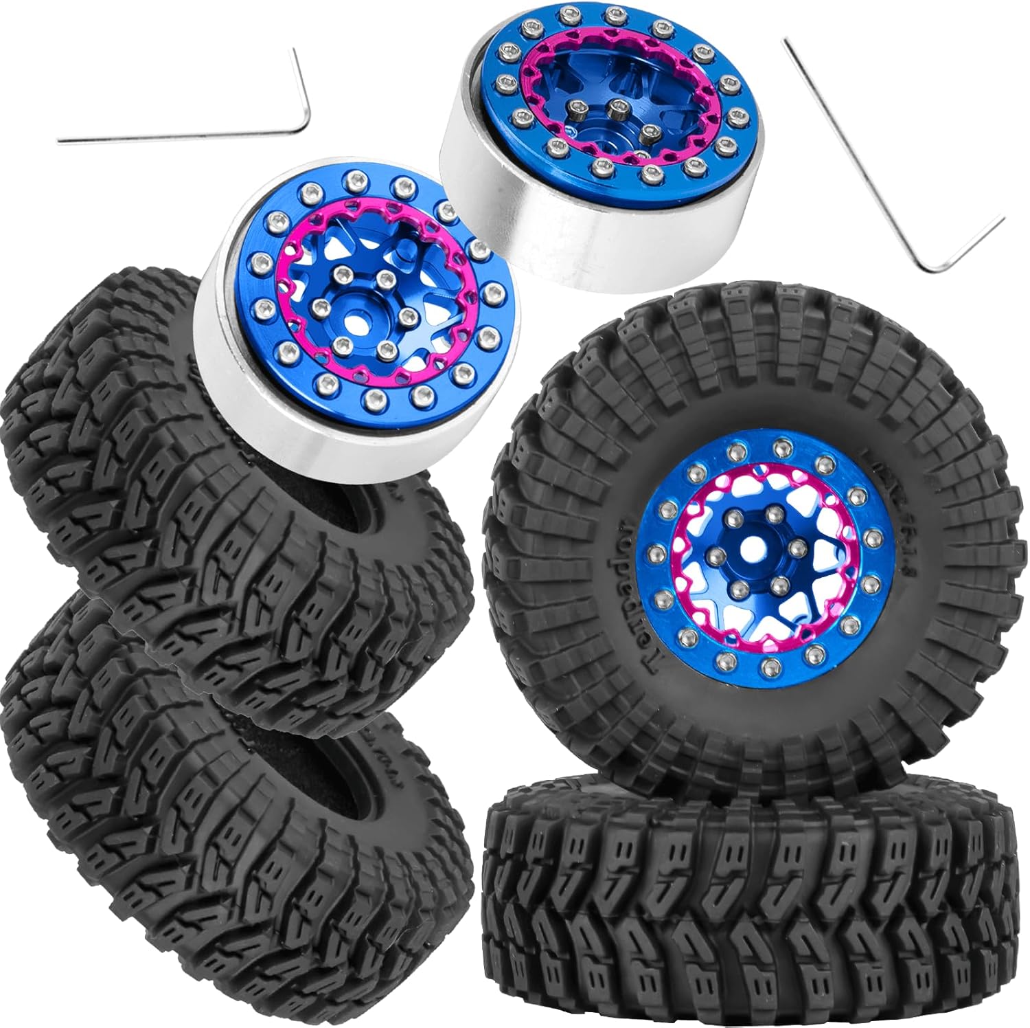 1.3 Beadlock Tire Set for 1/18 Trx4m,1/24 SCX24 FCX24 RC Crawler Car,1.3 Beadlock Wheels and Tires,Alloy Aluminium Wheels w/Swamp Claw Mud Terrain Rubber Tires,Navy Blue