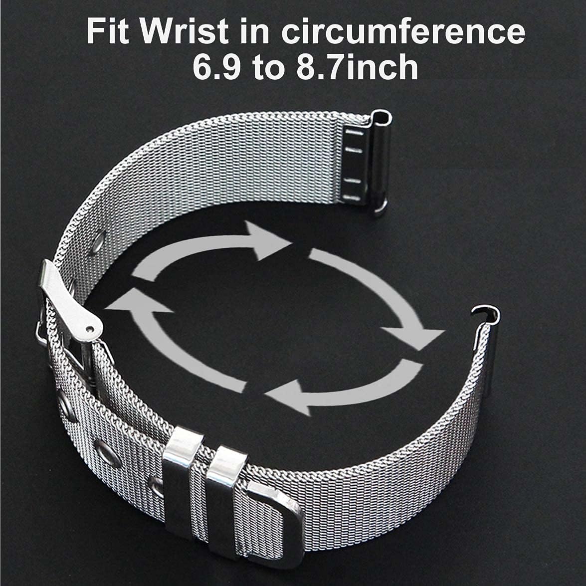 Image illustrating how to measure wrist circumference for proper band fit, showing a range of 6.9 to 8.7 inches.