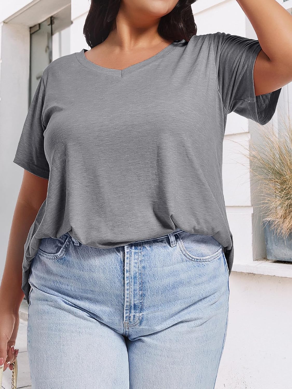 JOELLYUS Plus Size Tops for Women Summer Top Loose Fit Tee Shirts V Neck Short Sleeve Blouse - Image 7