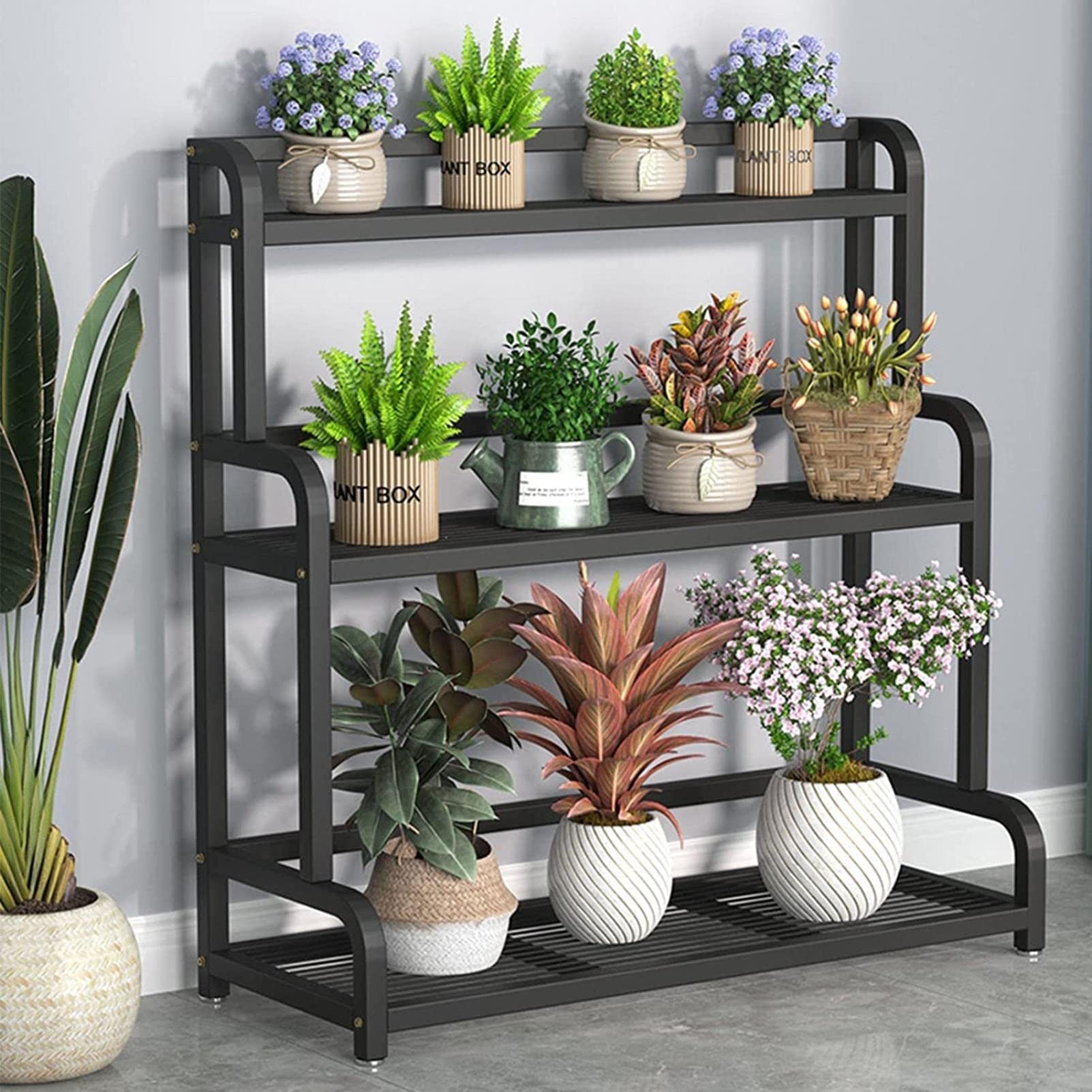 Support échelle à 3 niveaux pour pot de fleurs autoportant avec barre arrière, étagère d'intérieur et d'extérieur pour jardin et terrasse