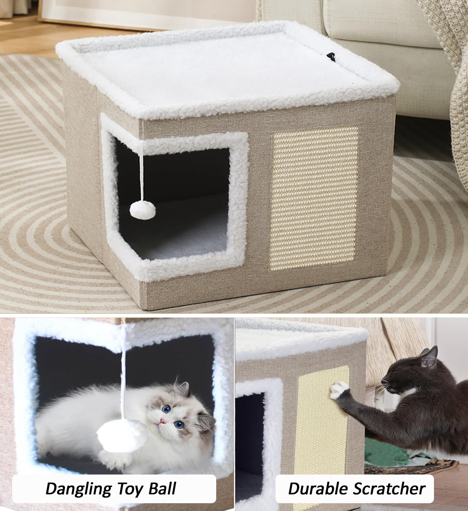 ERNAN Casa para Gatos Interior Plegable con Rascador, Cama para Diversos Estilos de Decoración del Hogar, para Pequeños Animales Interiores (Beige)