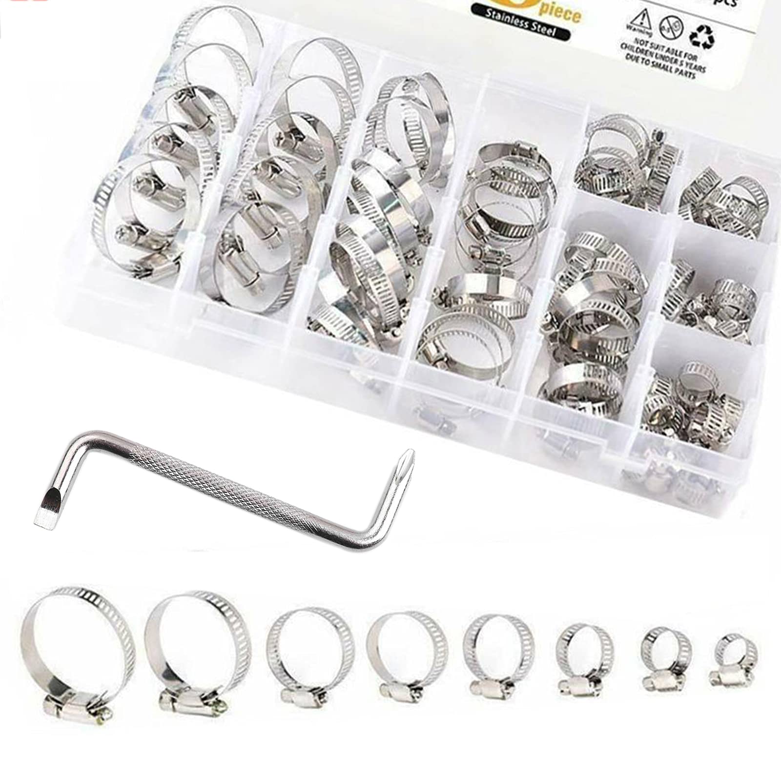 Abrazadera de manguera, juego de 91 piezas con llaves inglesas, resistentes a la temperatura para tuberías de agua domésticas, tuberías de coche, tuberías de agua doméstica (8-44 mm)