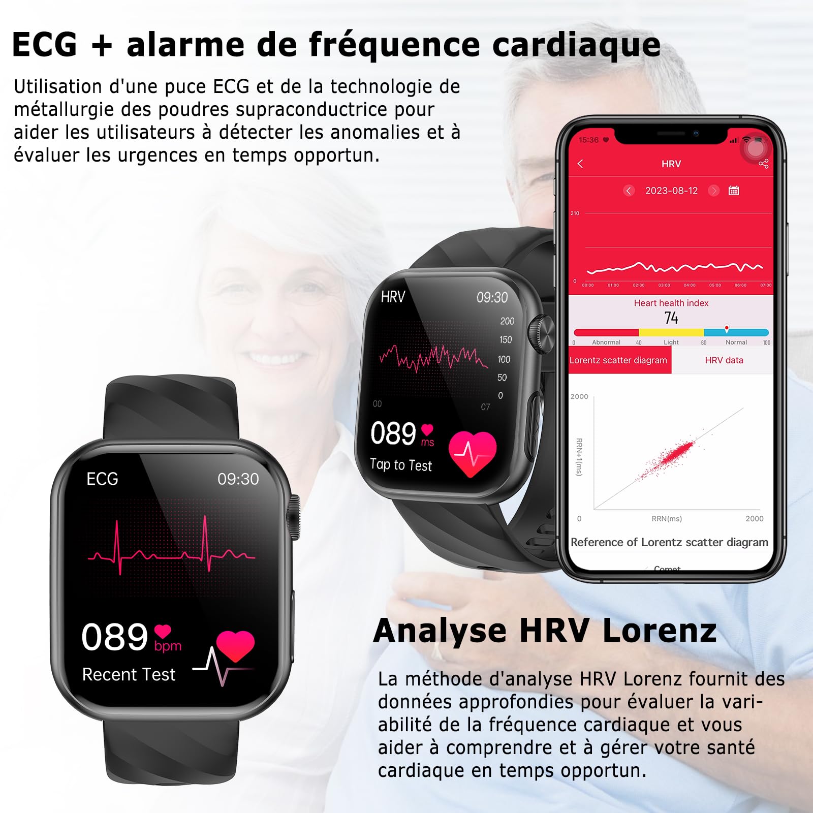 2026 Montre Connectée avec ECG/HRV/IMC/Tension Artérielle/Fatigue/Sommeil | 1.97" AMOLED Homme Smartwatch avec 24H Fréquence Cardiaque/SpO2/Température Corporelle, Appel Bluetooth/SOS, pour Android/iOS