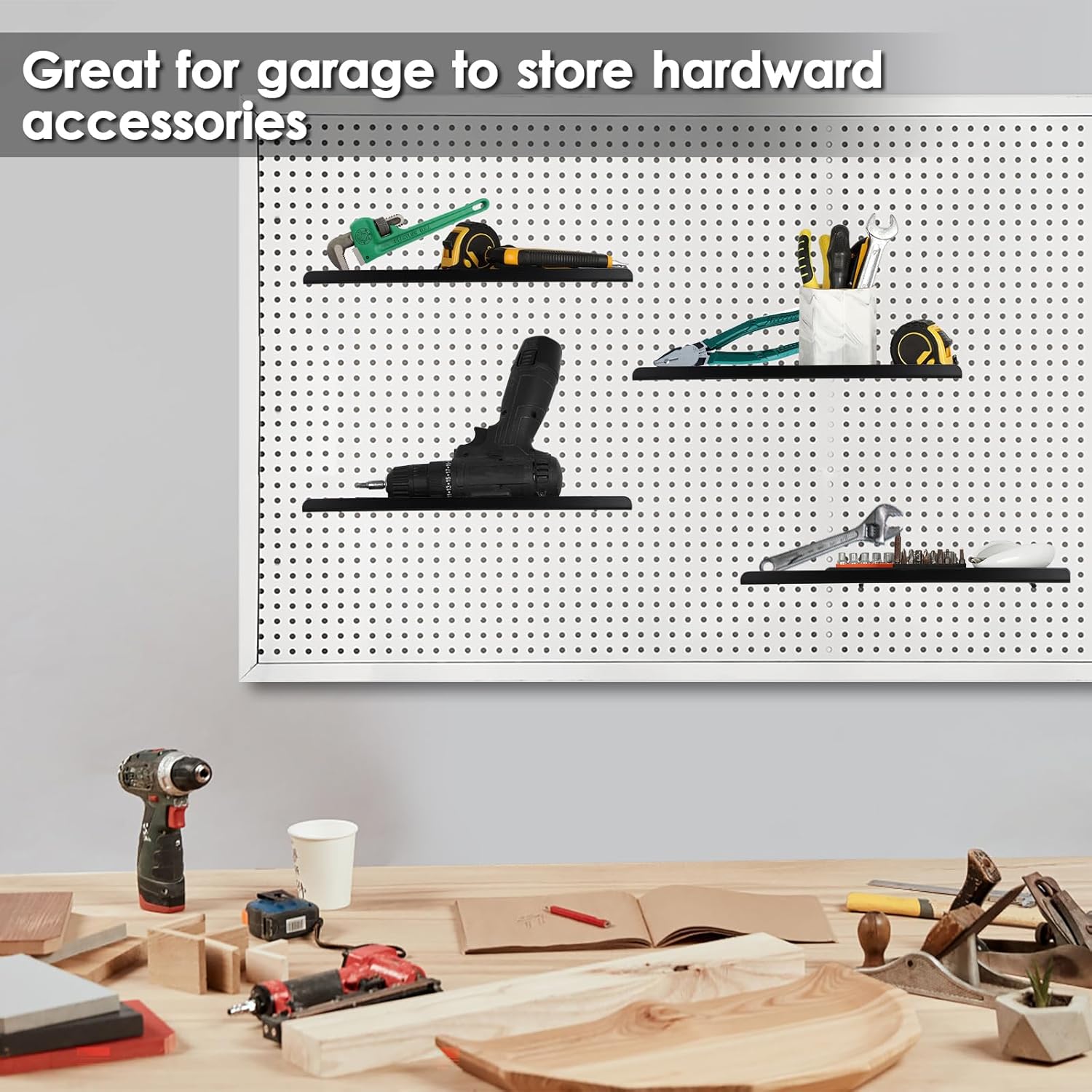 Kokone 4 Pack Pegboard Shelves with Lip - 15 x 5.5 in - Black, Metal Shelf Pegboard Steel Tray Pegboard Accessories for Storing or Displaying, Wall Organizer for Craft Retail, Garage, Workbench, etc
