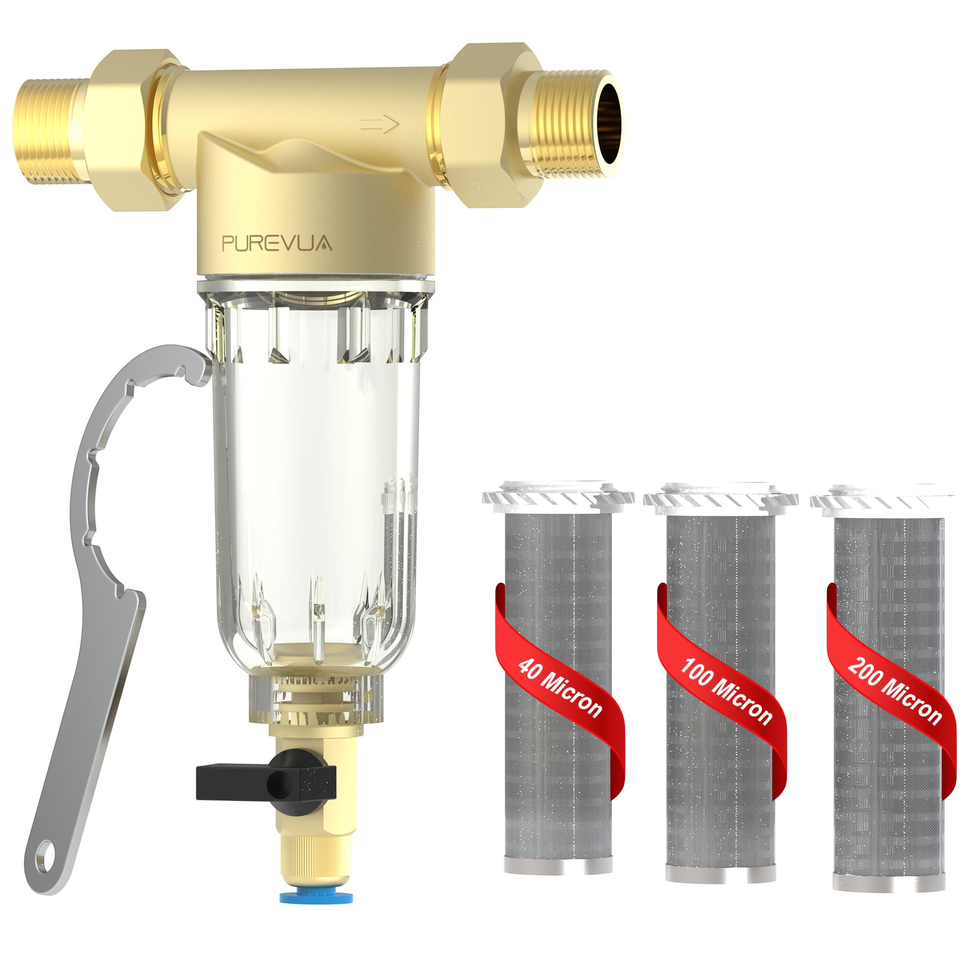 Photo 1 of Purevua PSF1 Spin-Down Sediment Filter, Whole House Pre-Filter for Well Water & City Water, 40/100/200 Micron Reusable Stainless Steel Mesh, 1" MNPT + 3/4" FNPT & 3/4" MNPT Adapter