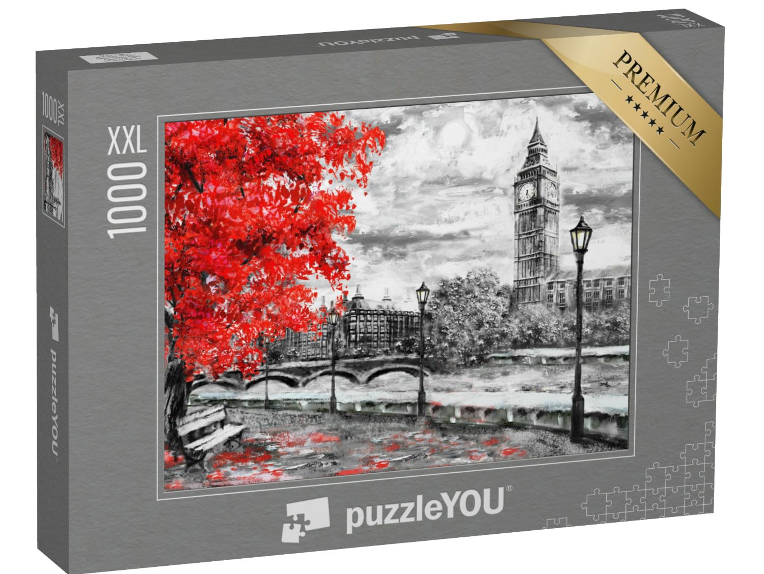 Puzzle 1000 Teile XXL „Ölgemälde auf Leinwand: Lodnoner Straße mit Big Ben“ – aus der Puzzle-Kollektion London, Kunst & Fantasy