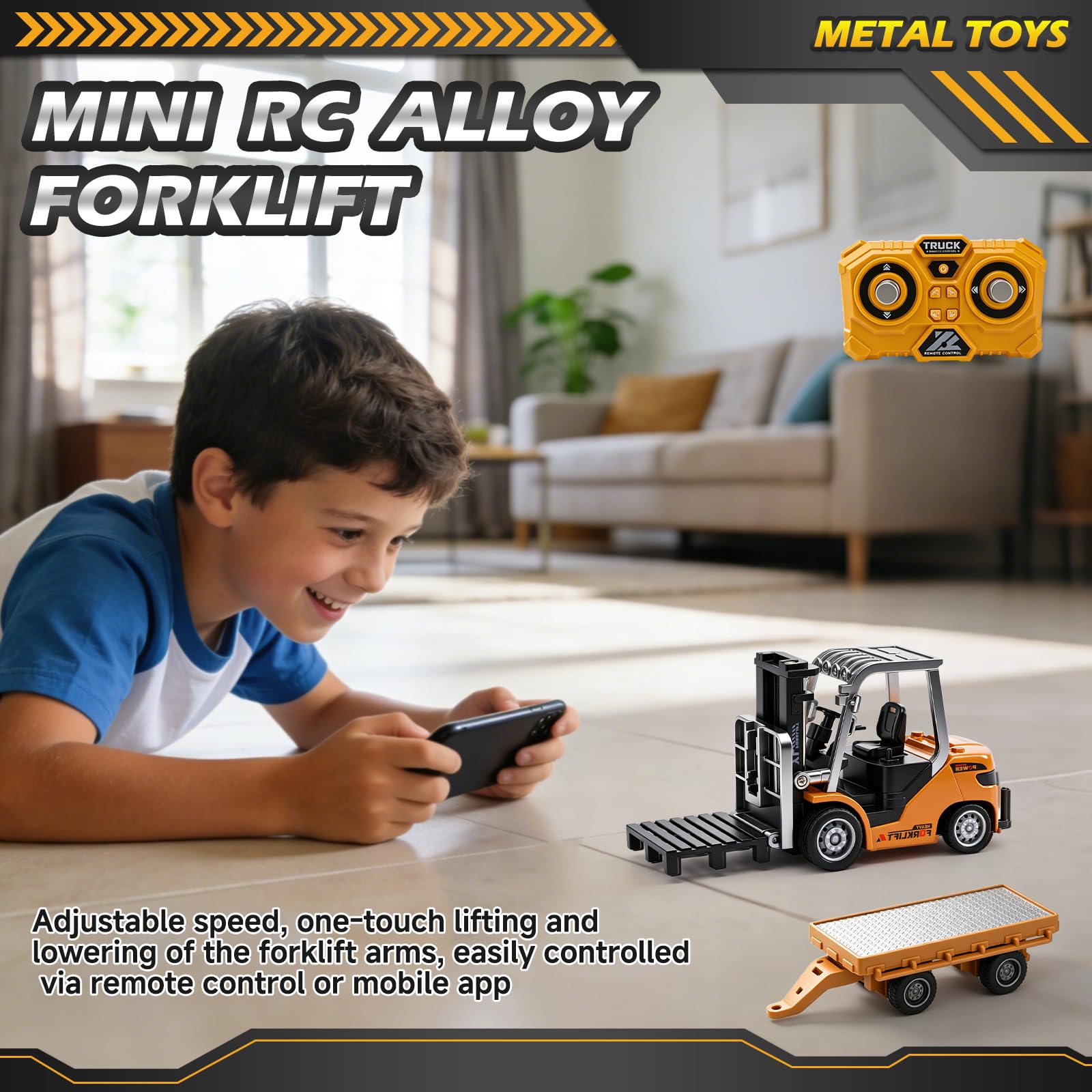 Mini Carrello Elevatore Giocattolo in Metallo con Rimorchio, 1:64 Carrello Elevatore Telecomandato con App e Telecomando 2,4 GHz, 3 Velocità, Forche, Gancio e Pallet, Veicolo da Cantiere RC