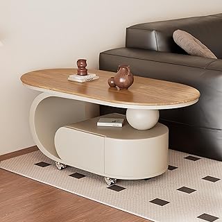 Oval Vintage Wooden Coffee Table With solid wood drawers,Creative Center Low Table Carbon steel base,360° movable silent casters brake,Modern End Side Living Room(D,80*40*45CM/31.5*15.7*17.7IN)