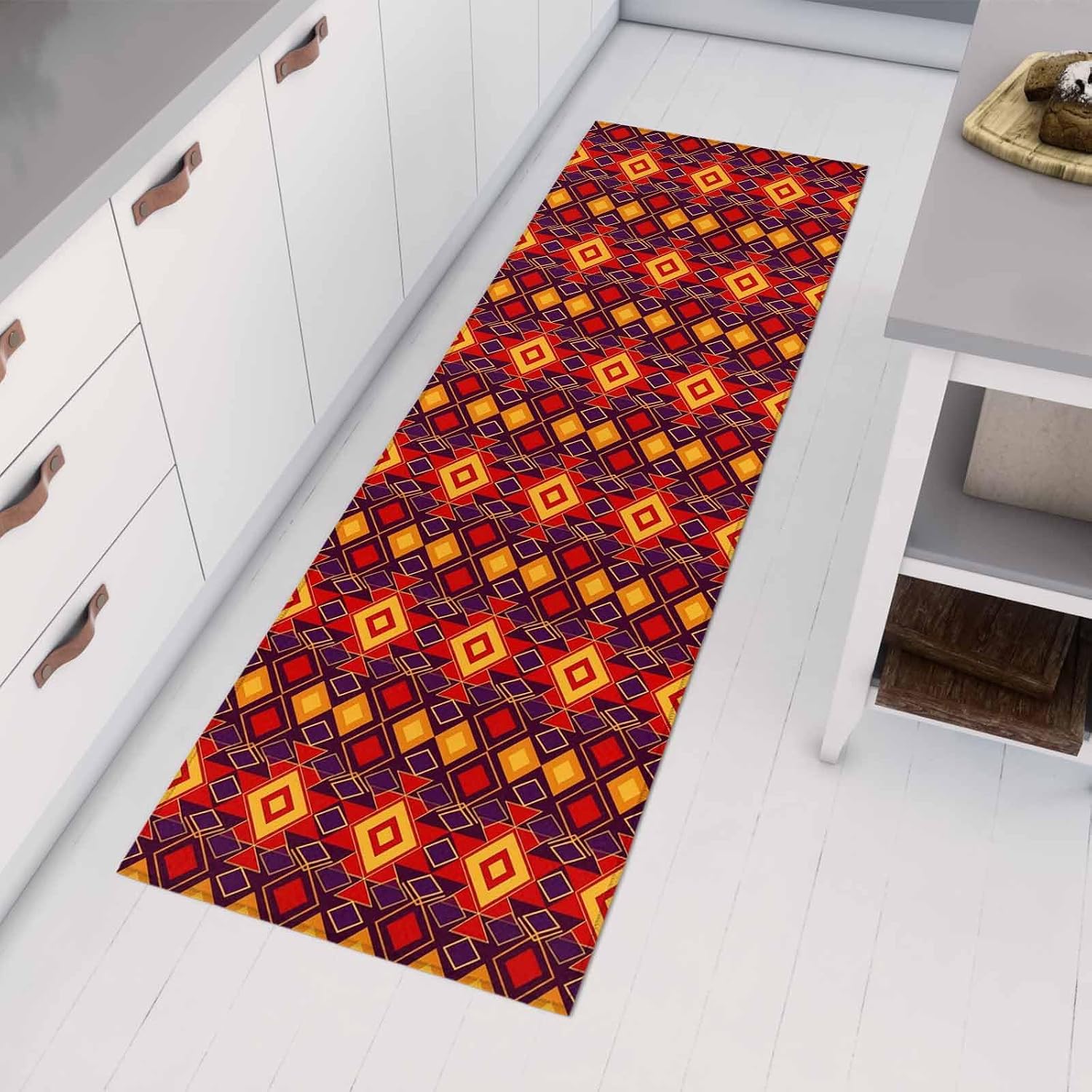 Teamery Kitchen Mats for Floor Abstract Boho Orange Red Color Block Washable Non Slip Kitchen Rugs 1PCS, Aesthetic Minimalist Absorbent Standing Mats for Sink Bathroom Office Living Room 23.6x70.9in