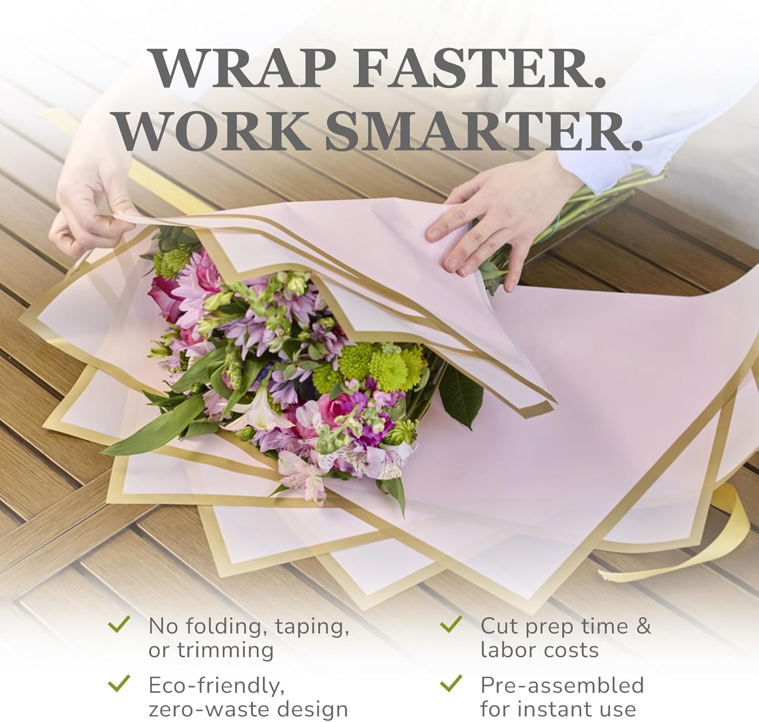 the florist Supply Amour Wrap 12 Pack, Luxury Pre-Assembled Flower Wrapping Paper - Waterproof Floral Bouquet Wrapping Paper with Gold Trim & Satin Ribbon, Light Pink