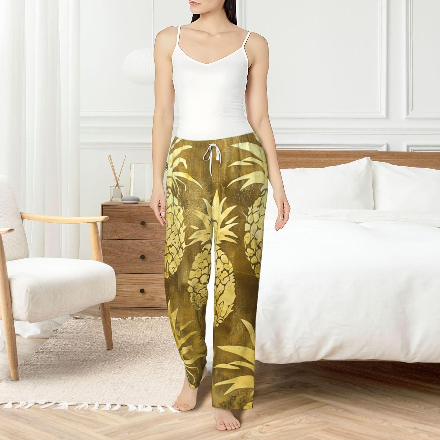 Gold Pineapple Background Print Fashion Cozy Womens Flannel Pajama Pants,Perfect For Christmas And Everyday Wear