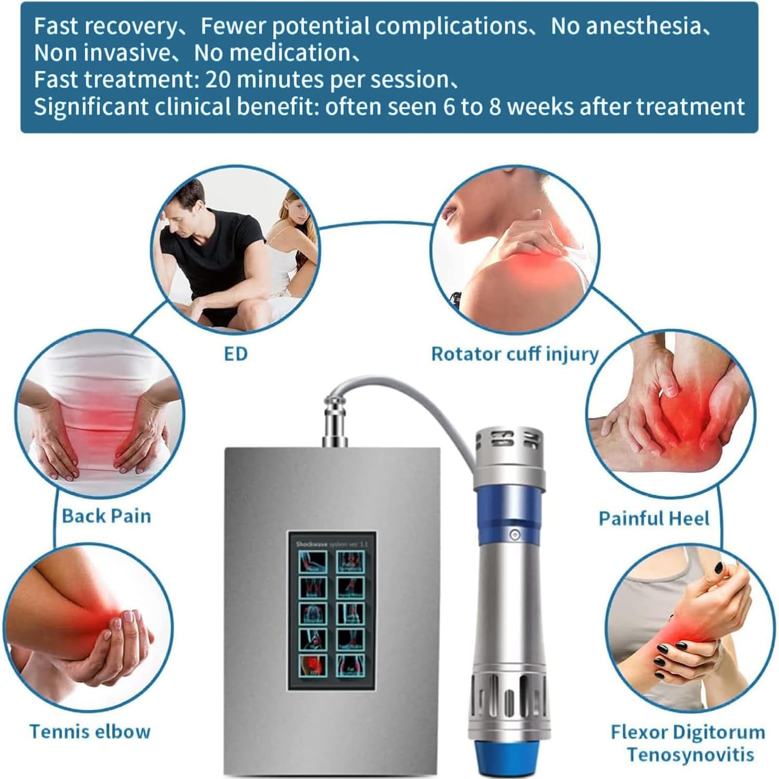 Macchina per Terapia Ad Onde D'urto con 7 Testine Massaggianti, Frequenza Regolabile 1-16Hz Ed Energia 60-200MJ, Non Invasivo, per Il Sollievo dal Dolore Articolare E Muscolare
