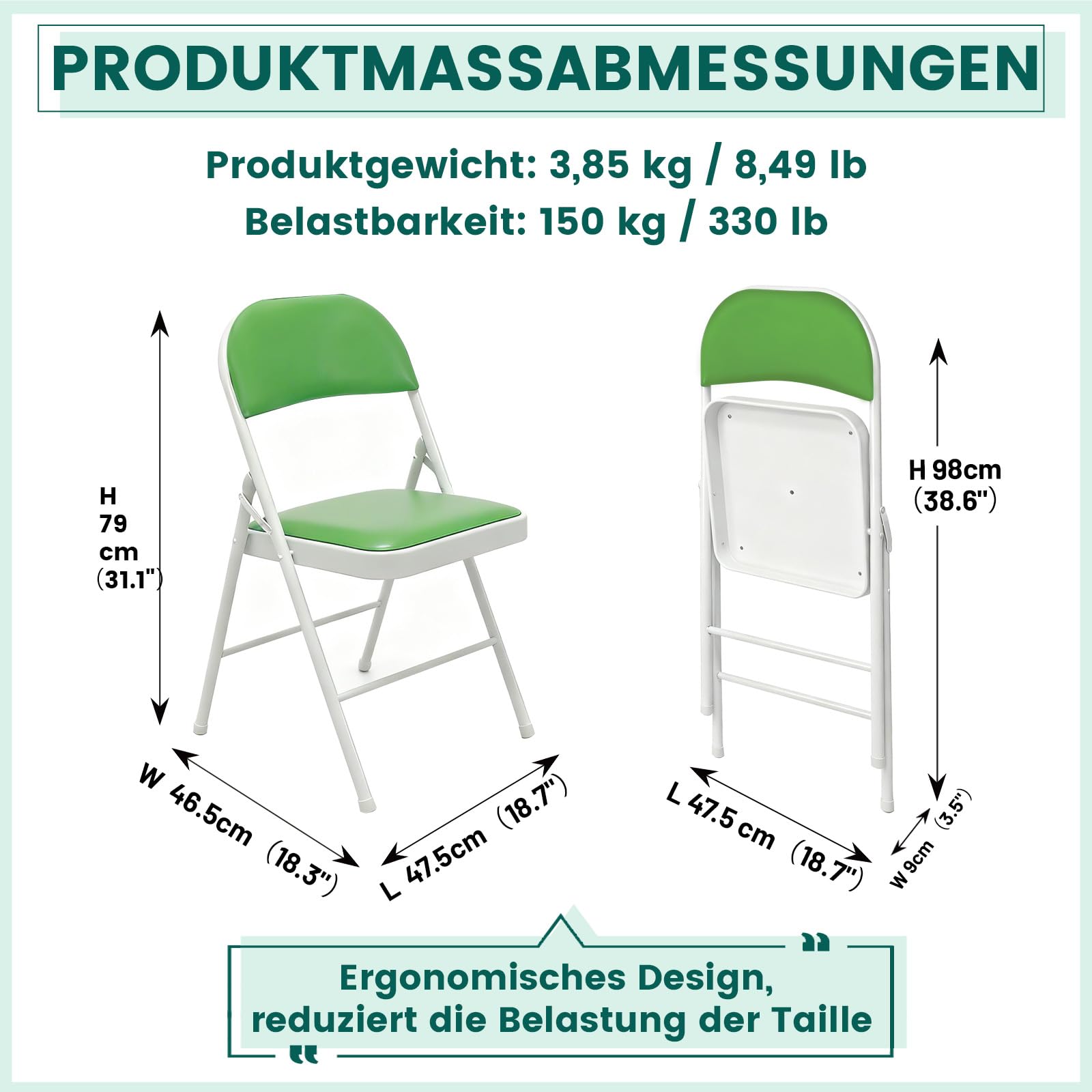 Klappstuhl 4er Set mit PU-Leder & Gepolstert Polsterung, Stabiler Metallrahmen, Leicht & Platzsparend, für Büro, Zuhause, Events Indoor Outdoor(4, Grün)