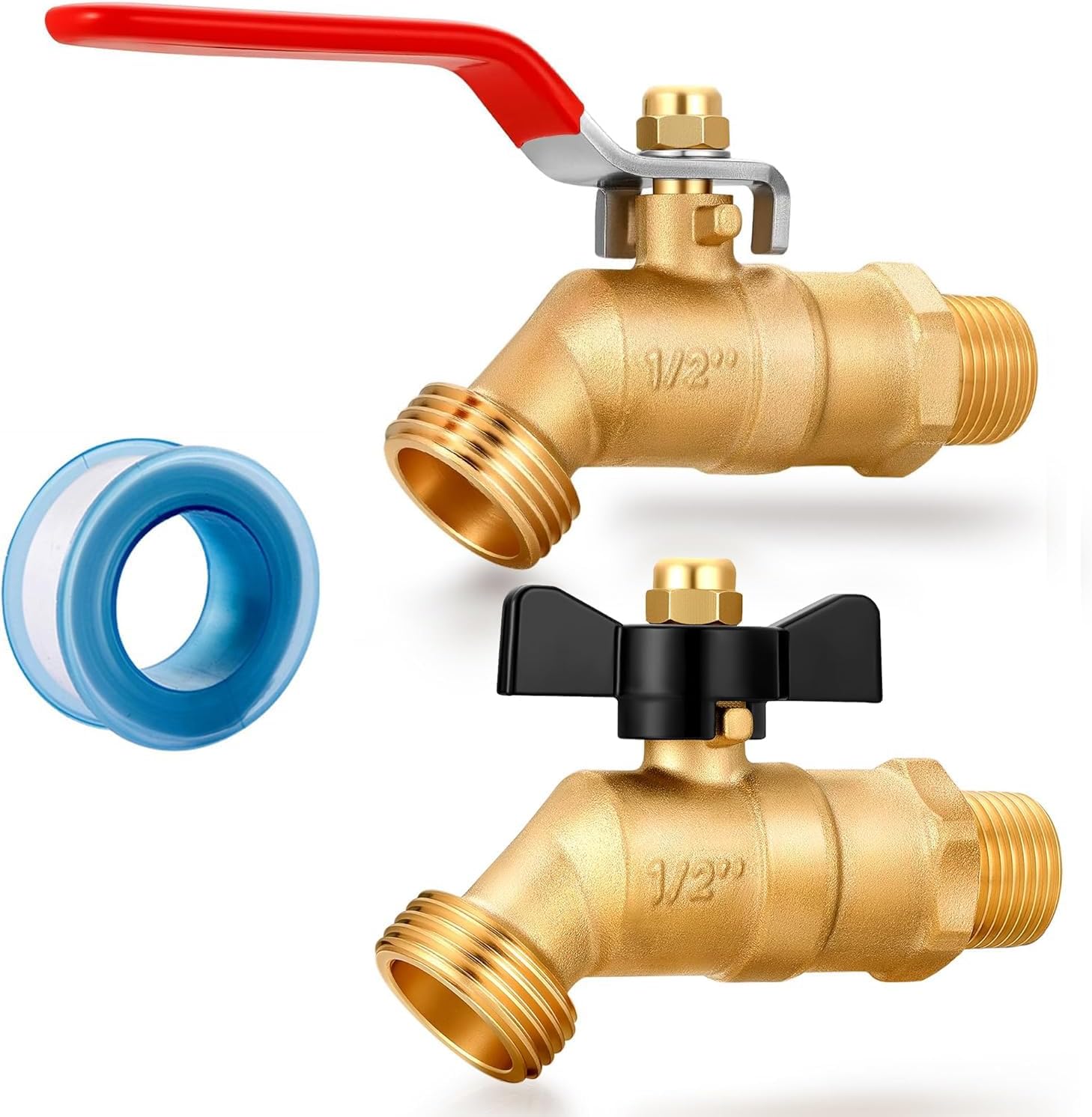 1/2" Male NPT inlet Connection with 3/4" GHT water hose outlet Heavy-Brass Faucet for gardens Ball Valve Full Flow Male Hose Bibb (Long and Butterfly 2PCS)