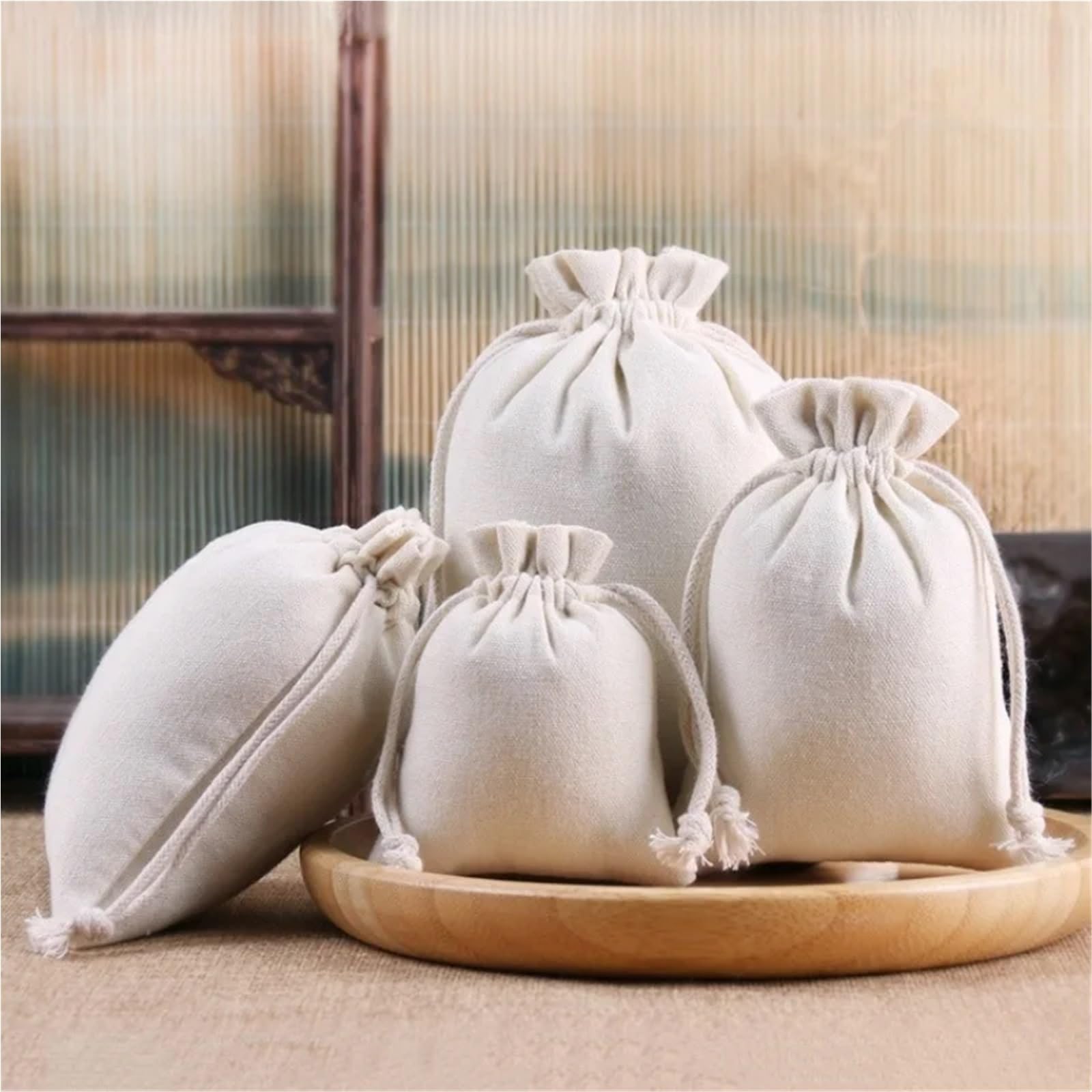 Sac À Cordon En Coton Sacs en toile de coton blanc/noir, 50 pièces, sacs à cordon de serrage, emballage de bijoux et bonbons, pochettes de rangement(Beige,12x15cm)