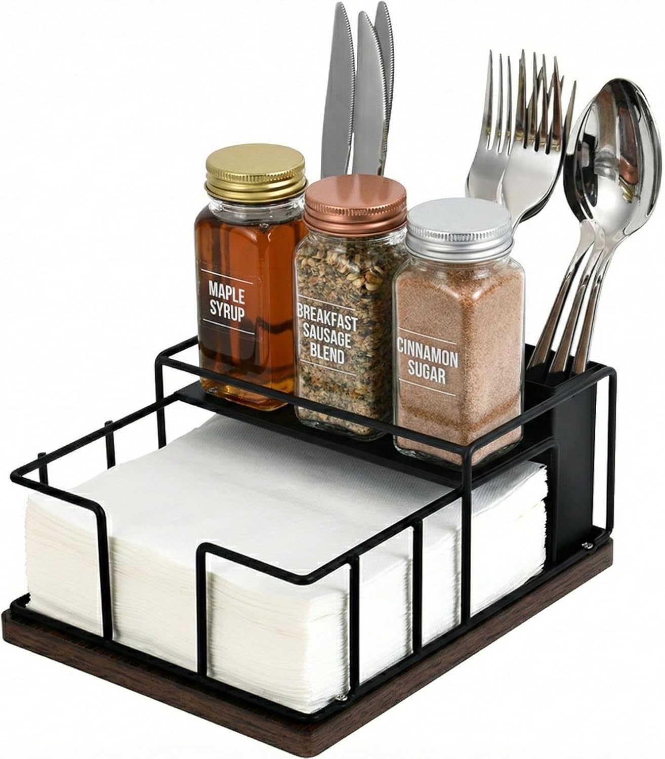 Napkin Holder for Table, 3-in-1 Wood & Metal Napkin and Utensil Holder Caddy, Cutlery Organizer with Salt and Pepper Shakers Storage for Kitchen Counter, Dining, Outdoor Patio (Black)