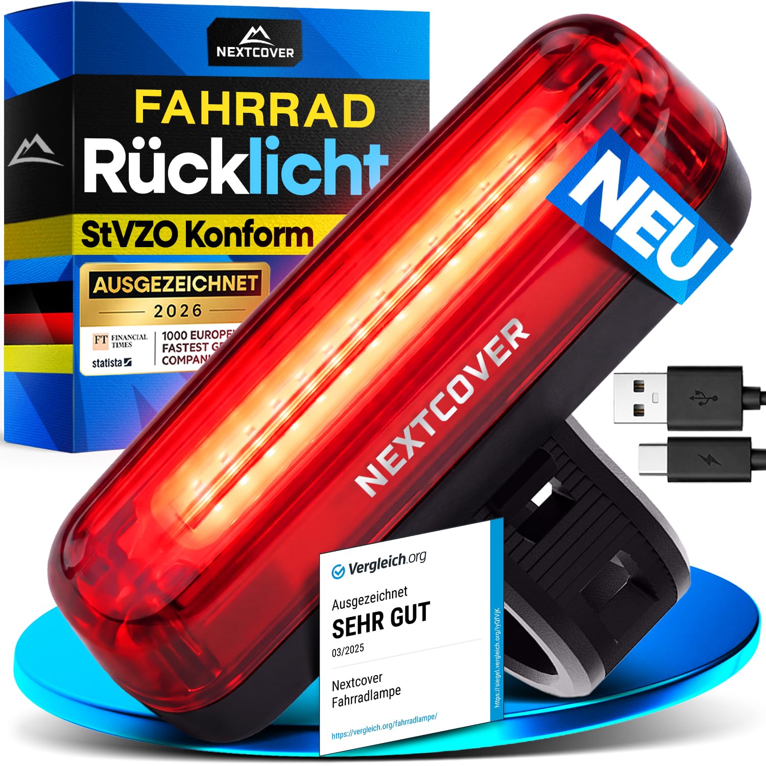 NEXTCOVER Rücklicht Fahrrad mit [VisionLux] LEDs und Bremslicht I StVZO zugelassen I LED Fahrradrücklicht mit 8 Stunden Akku I Fahrradlicht hinten für Rennrad, E-Bike, Rücklicht