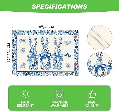 Miniatura 6 de Artoid Mode Buffalo Plaid Bunny - Juego de 6 manteles individuales de Pascua de 12 x 18 pulgadas para decoración de fiestas, cocina, comedor